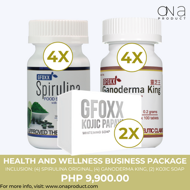 Health and Wellness Business Package with Spirulina, Ganoderma King, and Kojic Papaya products.